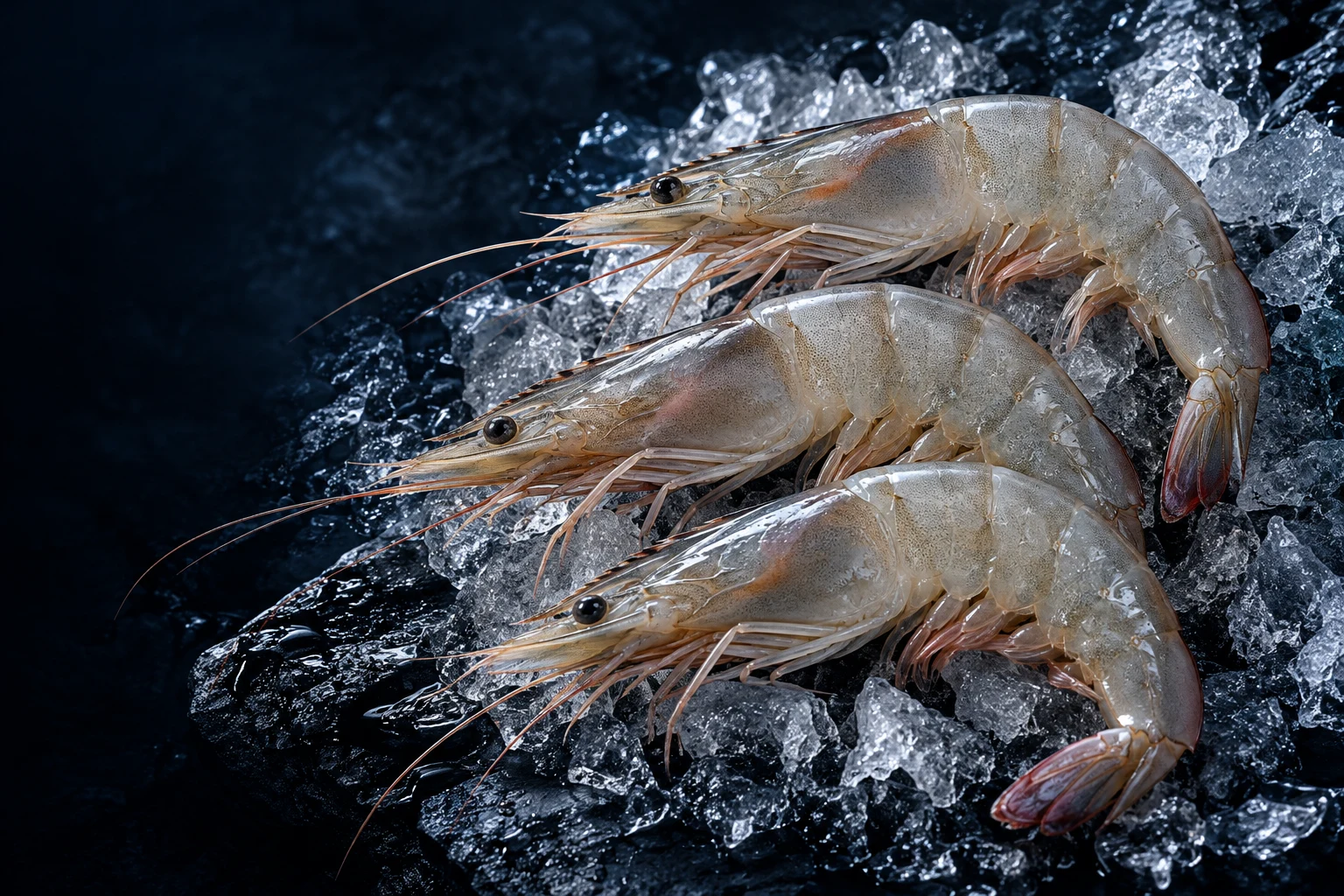 Camarones enteros sobre hielo, imagen ilustrativa